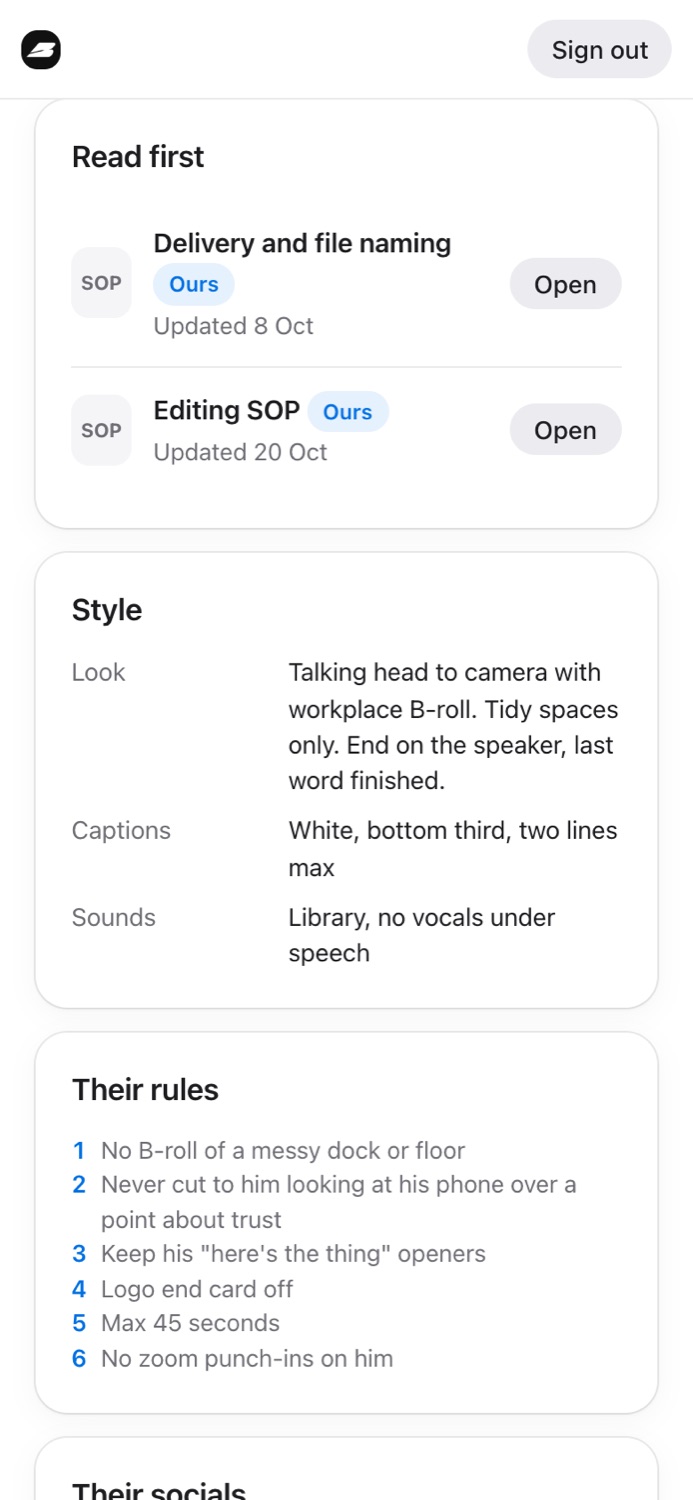A client brief in the editor portal: SOPs to read first, the style, and the client's rules