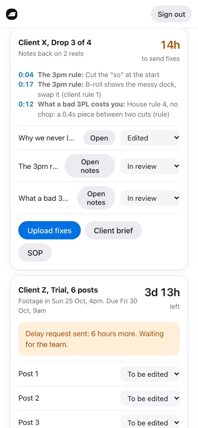 A job with notes back at 0:04, 0:17 and 0:12, 14 hours left to send fixes, and an Upload fixes button