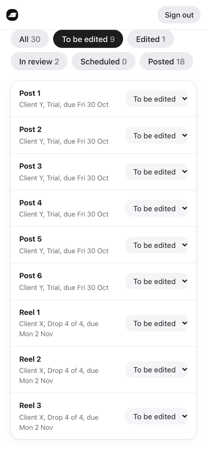 The editor's reel list filtered to To be edited, each reel with its client, drop, due date and a stage menu