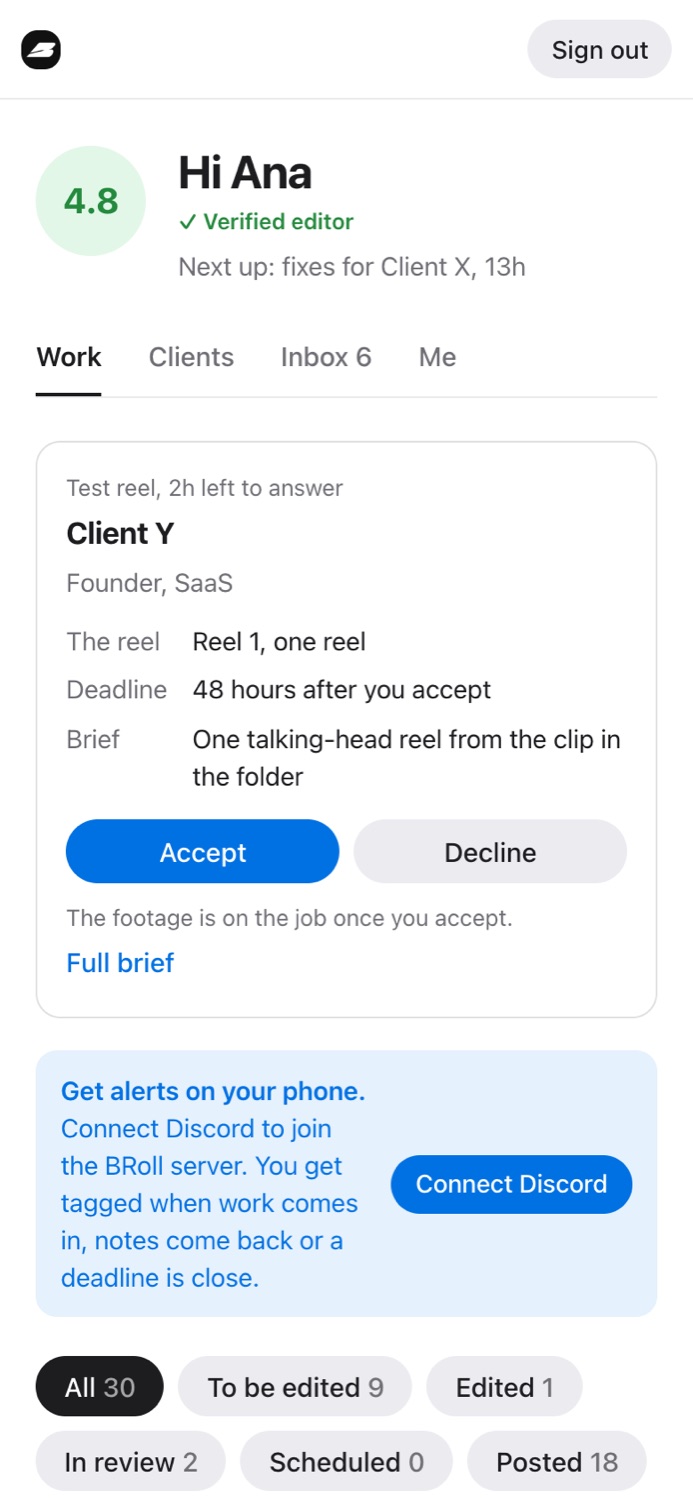 The editor portal's Work tab with a test reel offer: the rate, deadline and brief, with Accept and Decline